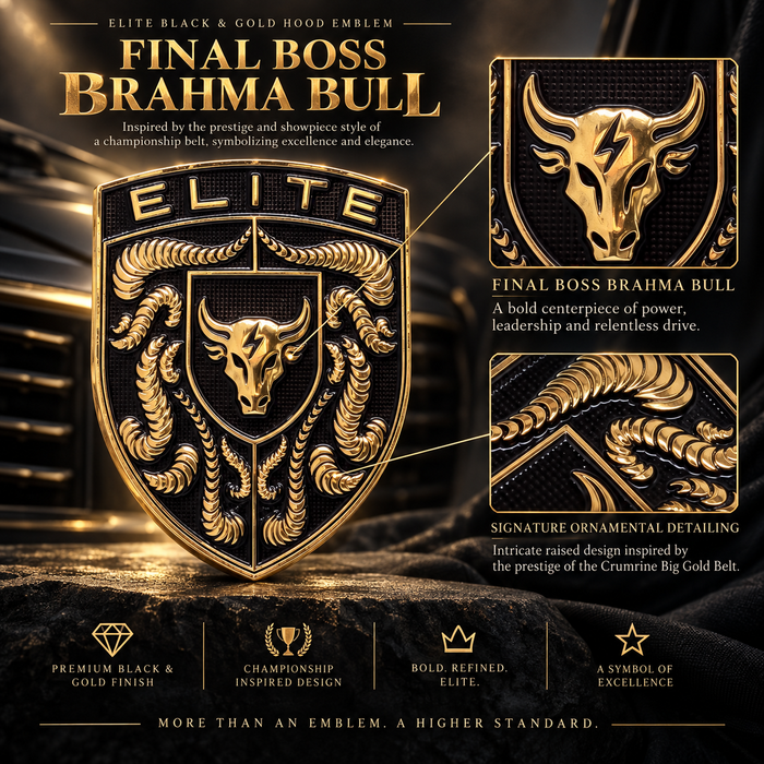 A promotional graphic for an Elite Black & Gold Hooded Emblem featuring a large central shield design with a gold bull head and crumrine designs on a black background. The text reads 'Final Boss Brahma Bull' and includes feature callouts such as 'Signature Ornamental Detailing' and 'Championship Inspired Design.