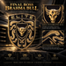A promotional graphic for an Elite Black & Gold Hooded Emblem featuring a large central shield design with a gold bull head and crumrine designs on a black background. The text reads 'Final Boss Brahma Bull' and includes feature callouts such as 'Signature Ornamental Detailing' and 'Championship Inspired Design.