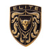 A metallic gold and black porsche emblem featuring the word 'ELITE' at the top, a golden bull head in the center, and crumrine designs around it, shown on a plain white background.