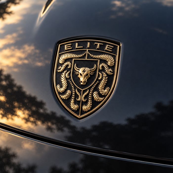 A close-up of a metallic gold and black porsche emblem featuring a bull head and the word 'ELITE' at the top, mounted on a glossy dark car body with reflections of trees and sky.