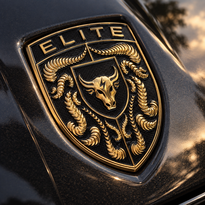 A close-up of a glossy black car body featuring a large embossed gold porsche shield badge with the word "ELITE" at the top, a bull head in the center, and crumrine designs around it.