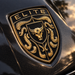 A close-up of a glossy black car body featuring a large embossed gold porsche shield badge with the word "ELITE" at the top, a bull head in the center, and crumrine designs around it.