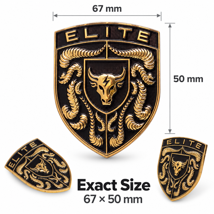 Shield-shaped ELITE porsche badge shown in three views with dimension labels: a large front view marked 67 mm by 50 mm, plus two smaller angled views. The badge has a black background with raised gold border, text, and ornate gold bull-and-serpent-style artwork.