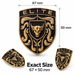 Shield-shaped ELITE porsche badge shown in three views with dimension labels: a large front view marked 67 mm by 50 mm, plus two smaller angled views. The badge has a black background with raised gold border, text, and ornate gold bull-and-serpent-style artwork.