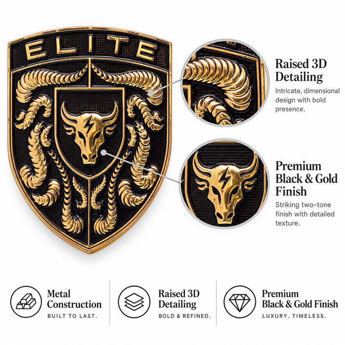 A black and gold embroidered porsche emblem with a bull head and crumrine designs, shown on a white background with callout circles and feature text reading 'ELITE' and 'Raised 3D Detailing' and 'Premium Black & Gold Finish.'.