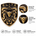 A black and gold embroidered porsche emblem with a bull head and crumrine designs, shown on a white background with callout circles and feature text reading 'ELITE' and 'Raised 3D Detailing' and 'Premium Black & Gold Finish.'.