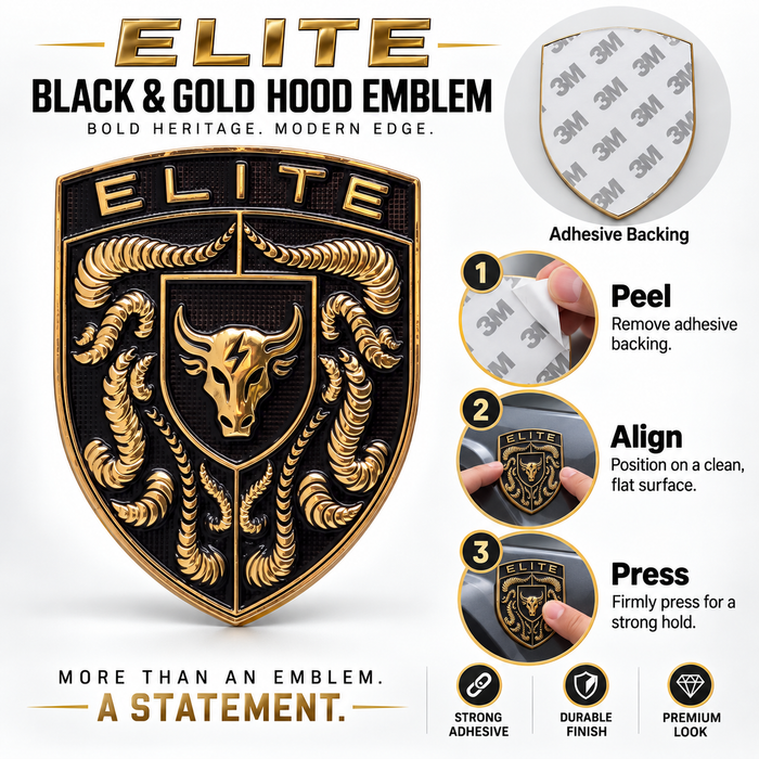 Black and gold Elite hood emblem badge with a bull skull design, shown on a branded marketing graphic with adhesive backing, step-by-step application instructions, and feature icons.