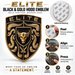 Black and gold Elite hood emblem badge with a bull skull design, shown on a branded marketing graphic with adhesive backing, step-by-step application instructions, and feature icons.