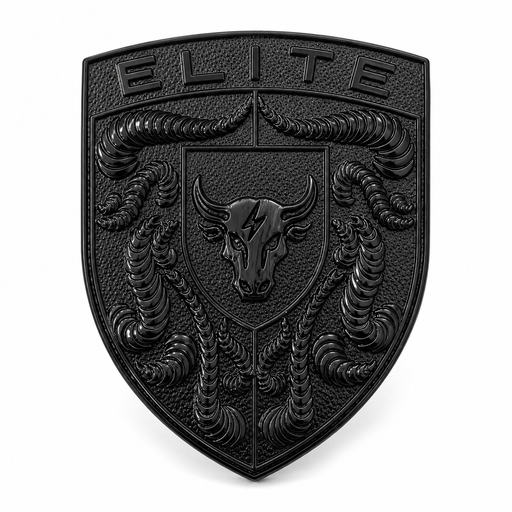 A black textured shield-shaped plaque featuring a central bull head crest, two stylized dragons or snakes wrapping around the sides, and the word 'ELITE' embossed at the top, shown on a plain white background.