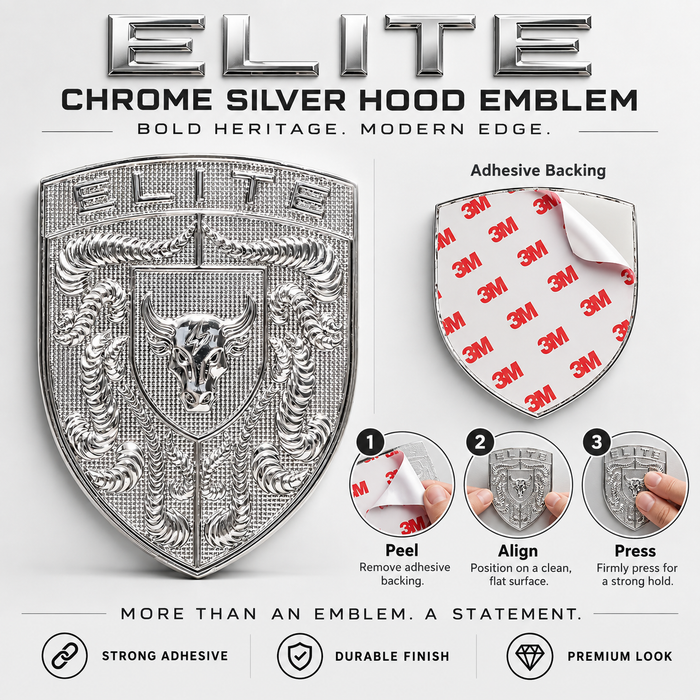 Chrome Silver Brahma Bull Hood Emblem shown on a light gray background with product text, a close-up of the shield design, adhesive backing detail, and three-step application instructions with hands peeling the backing.