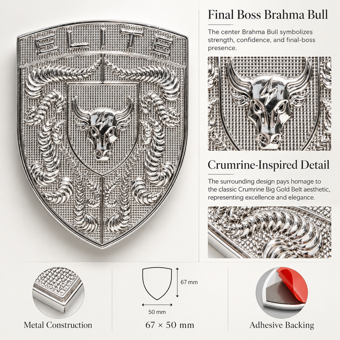 Chrome Silver Brahma Bull Hood Emblem with crumrine designs and a central bull head, shown alongside feature callouts including 'Final Boss Brahma Bull,' 'Crumine-Inspired Detail,' 'Metal Construction,' dimensions '67 x 50 mm,' and 'Adhesive Backing.'.