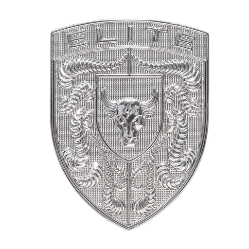 A silver metallic Chrome Silver Brahma Bull Hood Emblem featuring a bull head in the center, crumrine designs, and the word 'ELITE' at the top, shown on a plain white background.