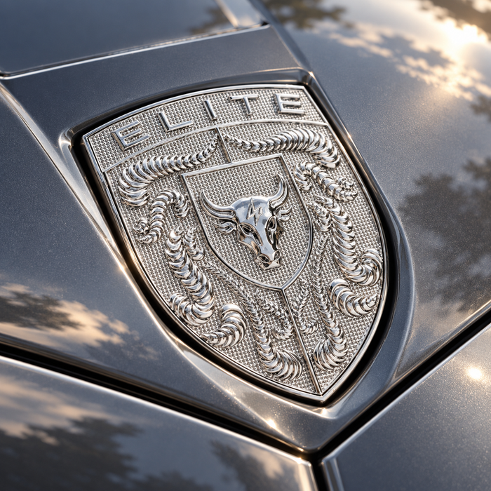 A close-up of a metallic Chrome Silver Brahma Bull Hood Emblem featuring a shield with a bull head and the word "ELITE" at the top, mounted on a dark gray vehicle hood with sunlight and tree reflections.