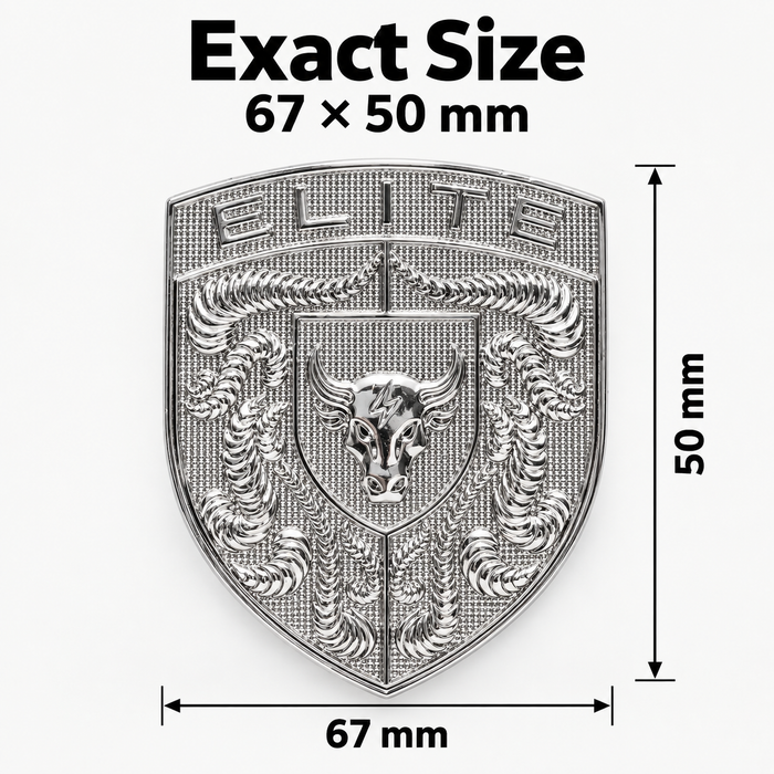 Chrome Silver Brahma Bull Hood Emblem with a bull head and the word ELITE, shown with dimension labels reading 67 x 50 mm on a light gray background.