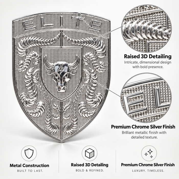 An ornate metallic Chrome Silver Brahma Bull Hood Emblem with a bull logo and decorative border, shown on a light gray background with callout circles and text describing raised 3D detailing and premium chrome silver finish.