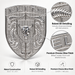 An ornate metallic Chrome Silver Brahma Bull Hood Emblem with a bull logo and decorative border, shown on a light gray background with callout circles and text describing raised 3D detailing and premium chrome silver finish.