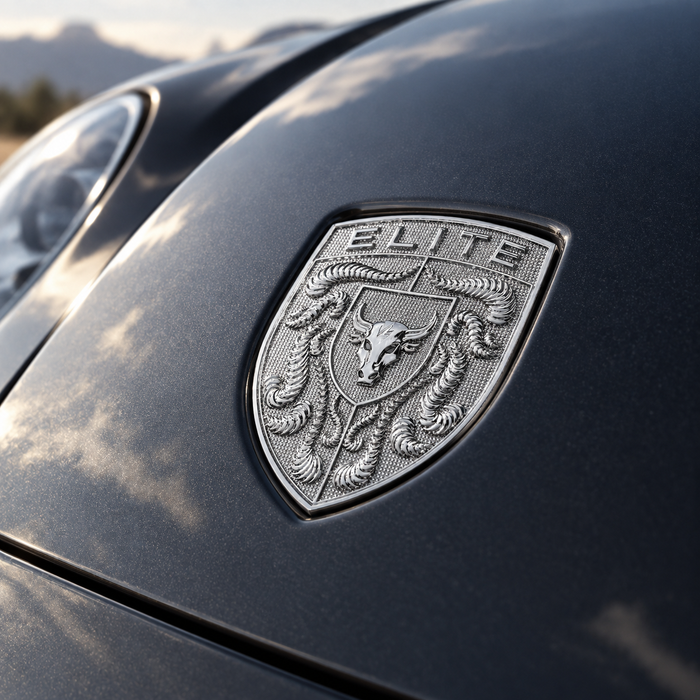 A close-up of a metallic silver shield emblem on the front hood of a dark car, featuring a bull head and the word 'ELITE' at the top, with a blurred outdoor background.
