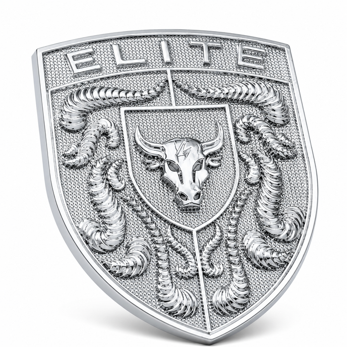 A silver-toned metallic shield emblem featuring the word 'ELITE' at the top, a bull head in the center, and crumrine designs wrapping around the sides, shown on a plain light background.