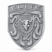 A silver-toned shield-shaped porsche emblem or badge featuring the word 'ELITE' at the top, a bull head in the center, and detailed crumrine designs on a textured background, shown on a plain light gray backdrop.