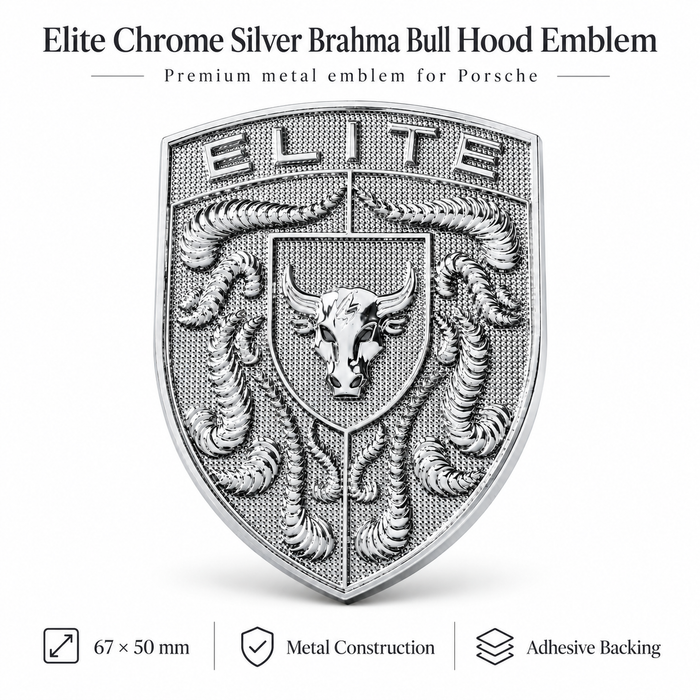 A silver metal Porsche Brahma Bull Hood Emblem badge, shown on a white background with text detailing its dimensions and features.