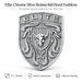A silver metal Porsche Brahma Bull Hood Emblem badge, shown on a white background with text detailing its dimensions and features.