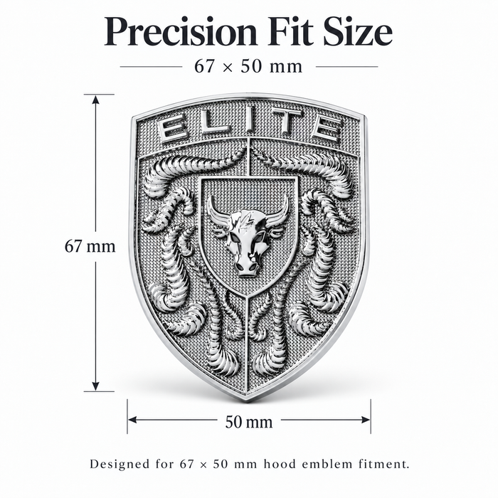 Silver porsche bull crest emblem with dimension labels showing 67 x 50 mm fitment, titled 'Precision Fit Size' on a white background.