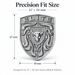 Silver porsche bull crest emblem with dimension labels showing 67 x 50 mm fitment, titled 'Precision Fit Size' on a white background.