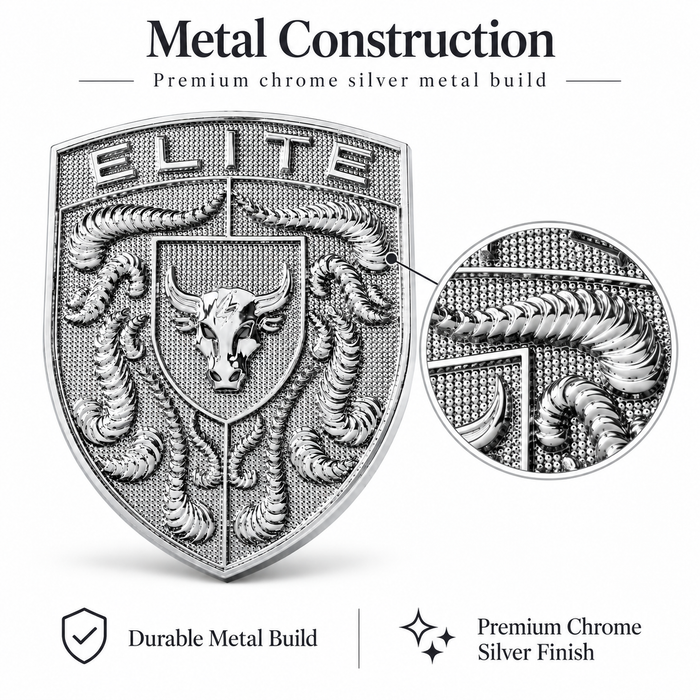 A silver-toned porsche shield emblem with the word ELITE at the top, a bull crest in the center, and crumrine designs. The image includes marketing text reading 'Metal Construction' and 'Premium chrome silver metal build,' plus a circular close-up inset showing the textured metal finish.