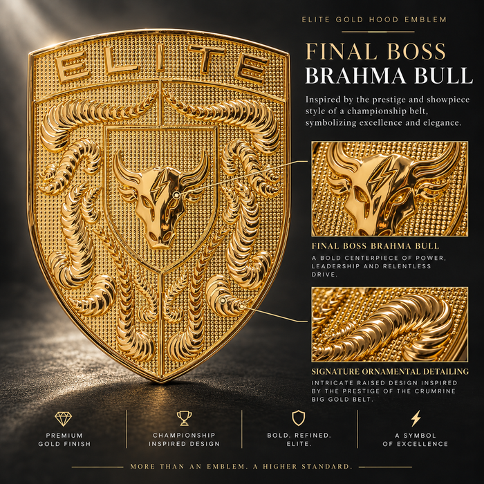 A large ornate gold porsche emblem reading ELITE, shown on a dark background with marketing text and inset close-ups. The emblem features a bull head and crumrine designs, presented as a premium gold finish product graphic.
