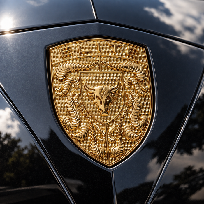 A close-up of a metallic gold porsche emblem with a bull head and the word "ELITE" at the top, mounted on a glossy black porsche surface with reflections of sky and trees.