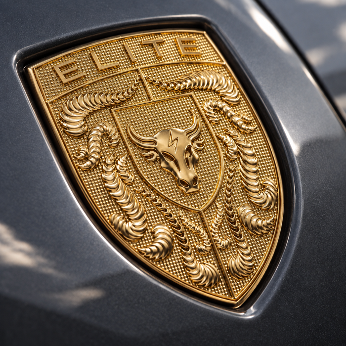 A close-up of a metallic gold bull porsche emblem badge with the word 'ELITE' at the top, mounted on a dark gray car body.