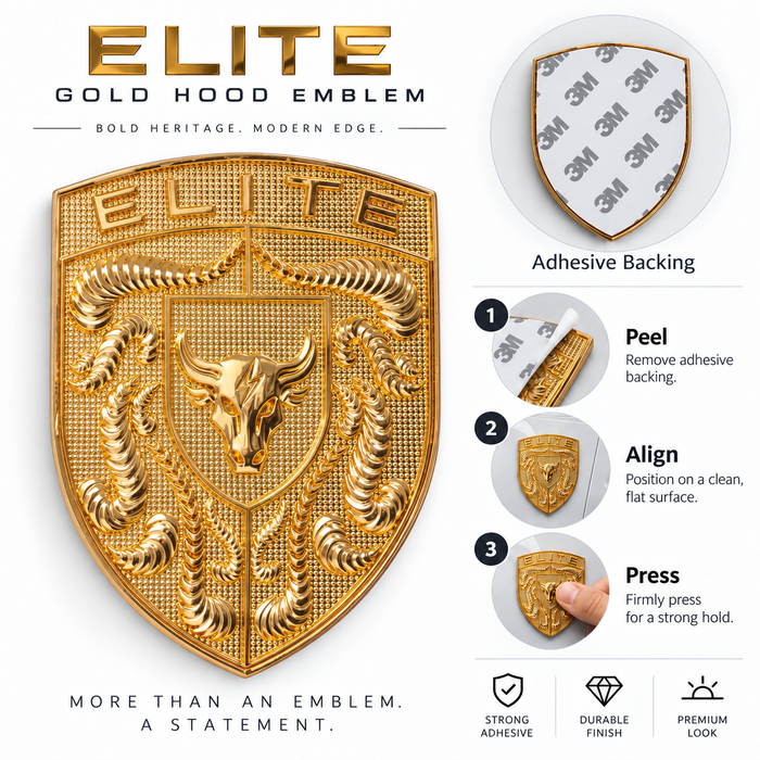 Gold Elite Hood Emblem badge shown on a white background with product details, adhesive backing inset, and step-by-step application instructions.