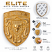 Gold Elite Hood Emblem badge shown on a white background with product details, adhesive backing inset, and step-by-step application instructions.