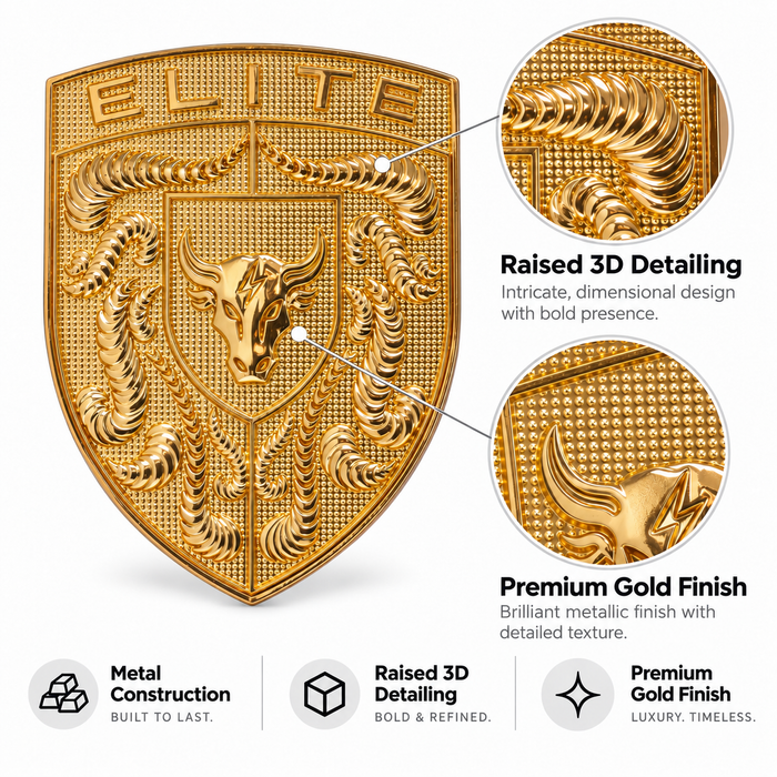 Gold metallic porsche emblem with a bull head in the center and the word ELITE at the top, shown on a light gray background with two circular detail callouts and feature text describing raised 3D detailing and premium gold finish.
