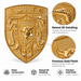 Gold metallic porsche emblem with a bull head in the center and the word ELITE at the top, shown on a light gray background with two circular detail callouts and feature text describing raised 3D detailing and premium gold finish.