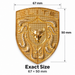 Gold porsche badge or emblem with a bull head in the center, decorative crumrine designs on either side, and the word 'ELITE' at the top, shown with dimension labels reading 67 mm wide by 50 mm tall and 'Exact Size 67 x 50 mm' below on a white background.