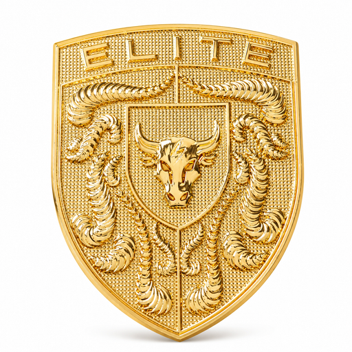 A gold-colored shield-shaped emblem or badge featuring the word 'ELITE' at the top, a central bull head crest, and ornate rope-like scroll details on a white background.