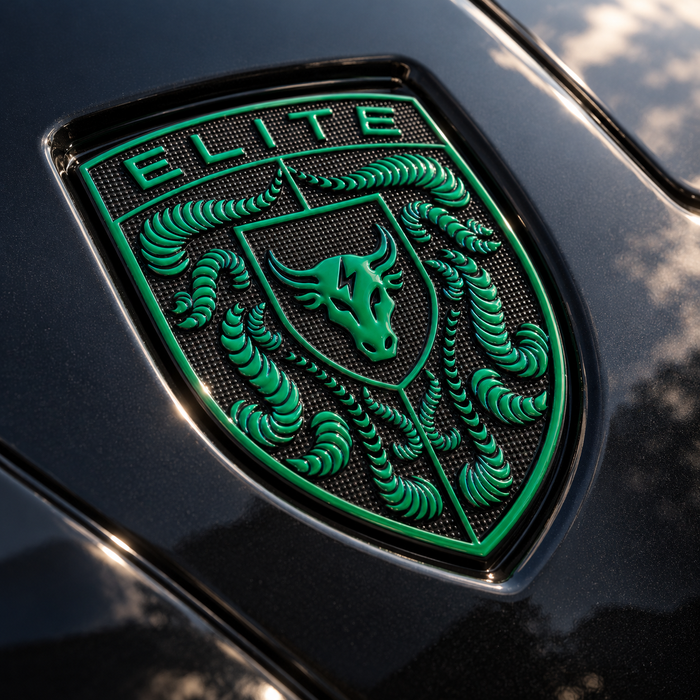 A Porsche Irish Green Brahma Bull Hood Emblem mounted on a glossy black car body.
