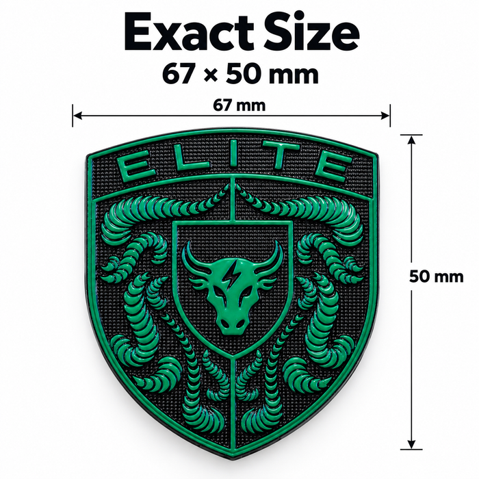 A Porsche Irish Green Brahma Bull Hood Emblem and crumrine designs on a black textured background, with text above reading 'Exact Size 67 x 50 mm' and size arrows marking 67 mm wide and 50 mm tall.