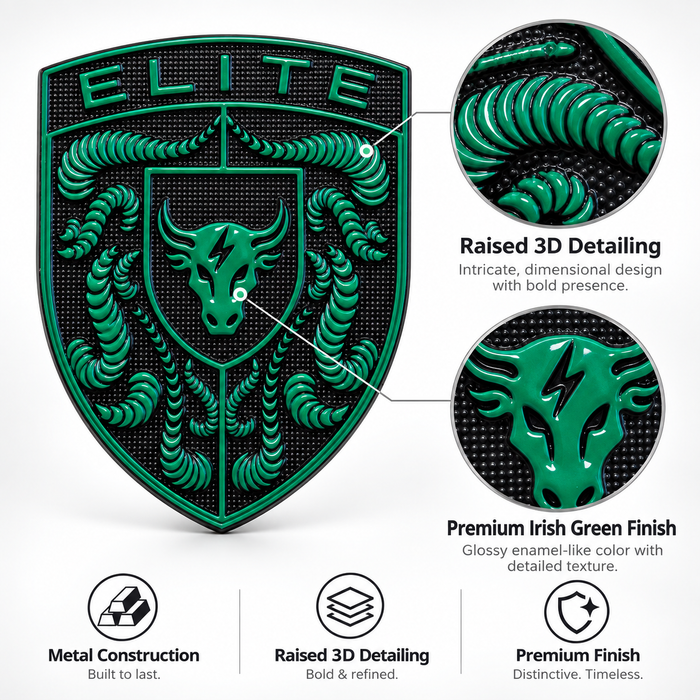 A Porsche Irish Green Brahma Bull Hood Emblem with the word "ELITE" at the top and a horned bull emblem in the center, shown on a light gray background with three circular detail callouts and feature icons below. Text highlights raised 3D detailing, premium Irish green finish, metal construction, and premium finish.