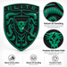 A Porsche Irish Green Brahma Bull Hood Emblem with the word "ELITE" at the top and a horned bull emblem in the center, shown on a light gray background with three circular detail callouts and feature icons below. Text highlights raised 3D detailing, premium Irish green finish, metal construction, and premium finish.