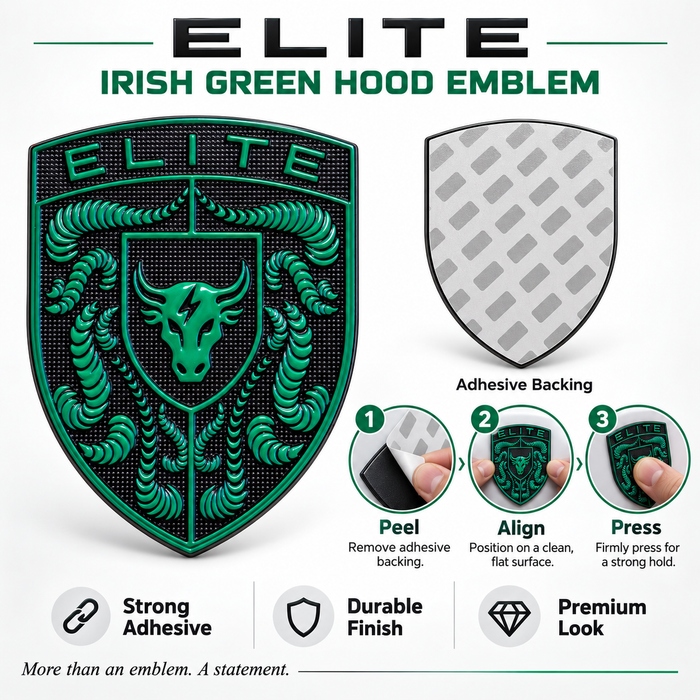 An Porsche Irish Green Brahma Bull Hood Emblem with a horned bull motif and the word ELITE. The image also shows a silver adhesive backing piece, a step-by-step application diagram with three numbered steps, and feature callouts including Strong Adhesive, Durable Finish, and Premium Look.