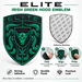 An Porsche Irish Green Brahma Bull Hood Emblem with a horned bull motif and the word ELITE. The image also shows a silver adhesive backing piece, a step-by-step application diagram with three numbered steps, and feature callouts including Strong Adhesive, Durable Finish, and Premium Look.
