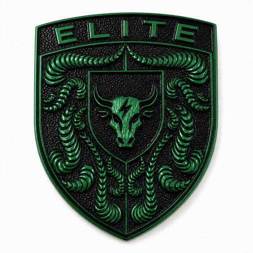 A green and black shield-shaped emblem with the word 'ELITE' at the top, a central bull head, and coiled snake-like forms around the border, shown on a plain light background.