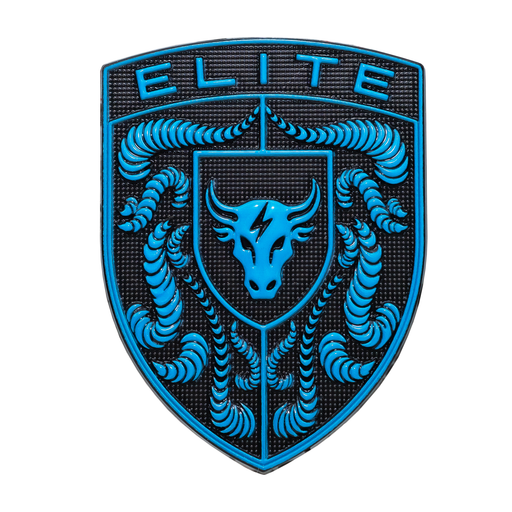 A Porsche Mexico Blue Brahma Bull Hood Emblem featuring a black textured background with bright blue crumrine details, including the word 'ELITE' at the top, a central bull head, and stylized curved motifs around the border.