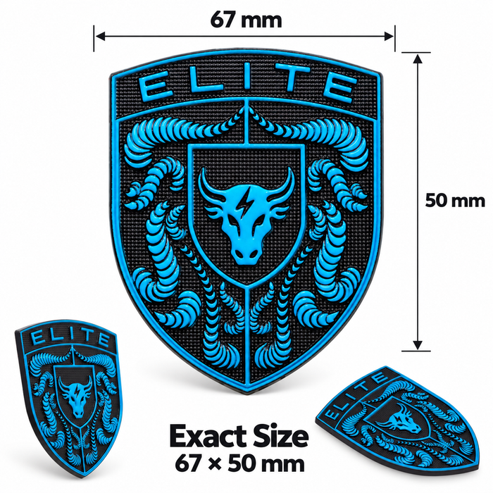 A shield-shaped Mexico Blue Brahma Bull Hood Emblem with a black and blue design featuring the word 'ELITE' at the top, a blue bull head in the center, and stylized blue horned figures on both sides. The image includes dimension arrows and text reading 67 mm, 50 mm, and Exact Size 67 x 50 mm, with two smaller alternate views of the patch at the bottom.