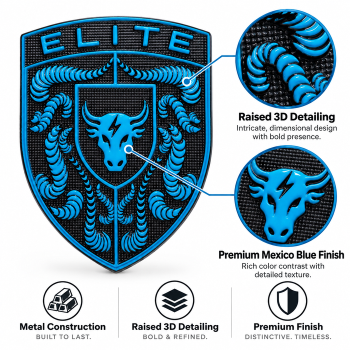 A shield-shaped Porsche Mexico Blue Brahma Bull Hood Emblem with a blue and black bull head design and the word 'ELITE' at the top, shown on a white background with callout circles and feature text describing raised 3D detailing, premium Mexico blue finish, and metal construction.