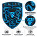 A shield-shaped Porsche Mexico Blue Brahma Bull Hood Emblem with a blue and black bull head design and the word 'ELITE' at the top, shown on a white background with callout circles and feature text describing raised 3D detailing, premium Mexico blue finish, and metal construction.
