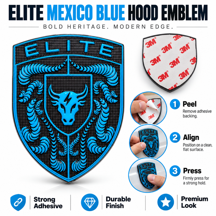 Blue and black Porsche Mexico Blue Brahma Bull Hood Emblem with the word 'ELITE' and a bull head design, shown alongside a small inset of the reverse side with 3M adhesive backing and step-by-step application instructions.