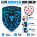 Blue and black Porsche Mexico Blue Brahma Bull Hood Emblem with the word 'ELITE' and a bull head design, shown alongside a small inset of the reverse side with 3M adhesive backing and step-by-step application instructions.